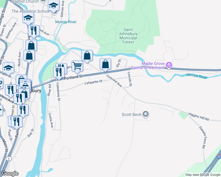map of restaurants, bars, coffee shops, grocery stores, and more near 64 Mountain Avenue in Saint Johnsbury