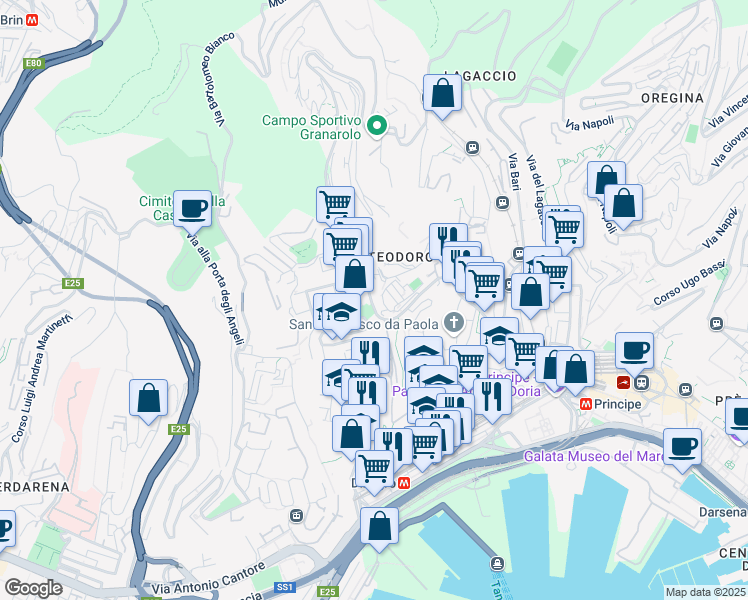 map of restaurants, bars, coffee shops, grocery stores, and more near 54 Via Bologna in Genoa
