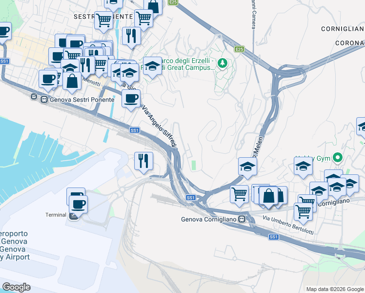 map of restaurants, bars, coffee shops, grocery stores, and more near 72 Via dell'Acciaio in Genova