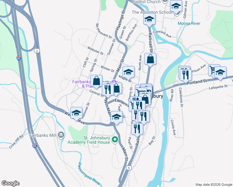 map of restaurants, bars, coffee shops, grocery stores, and more near 10 Thaddeus Lane in Saint Johnsbury
