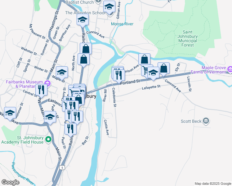 map of restaurants, bars, coffee shops, grocery stores, and more near 53 Caledonia Street in Saint Johnsbury