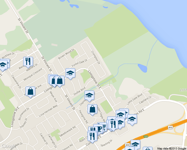 map of restaurants, bars, coffee shops, grocery stores, and more near 260 Livingstone Street East in Barrie
