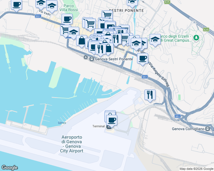 map of restaurants, bars, coffee shops, grocery stores, and more near 35 Via Luigi Cibrario in Genova