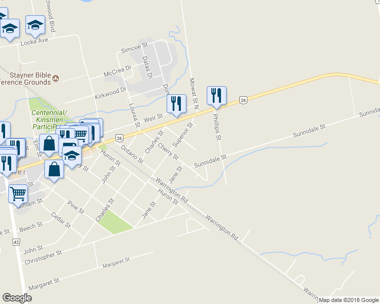 map of restaurants, bars, coffee shops, grocery stores, and more near 309 Thomas Street in Stayner