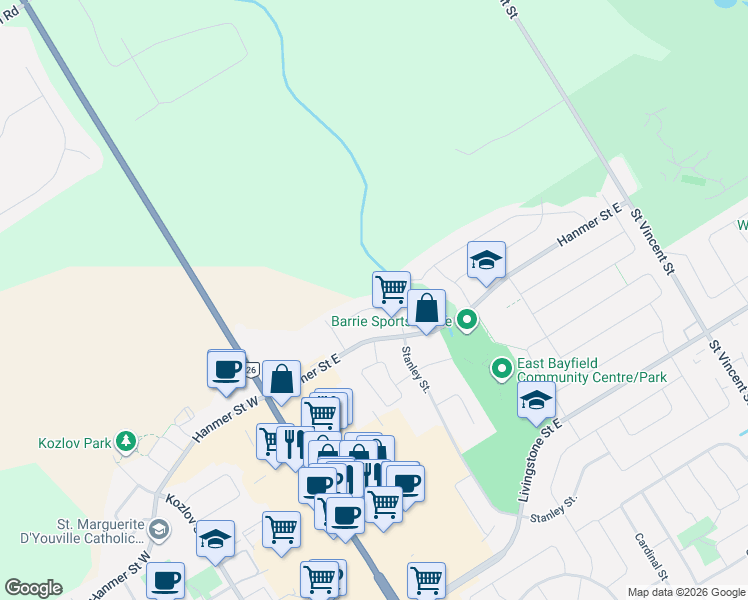 map of restaurants, bars, coffee shops, grocery stores, and more near 26 Stanley Street in Barrie
