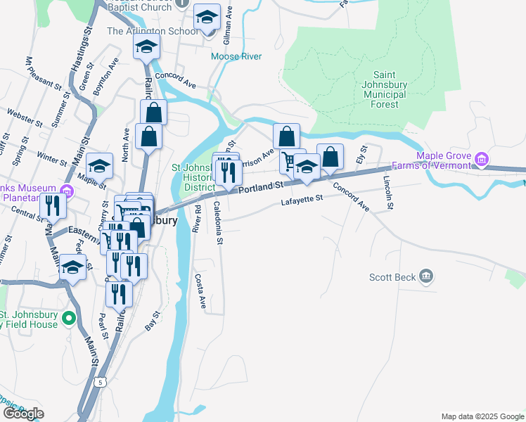 map of restaurants, bars, coffee shops, grocery stores, and more near 130 Lafayette Street in Saint Johnsbury