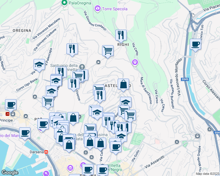 map of restaurants, bars, coffee shops, grocery stores, and more near 16 Salita Superiore San Simone in Genoa