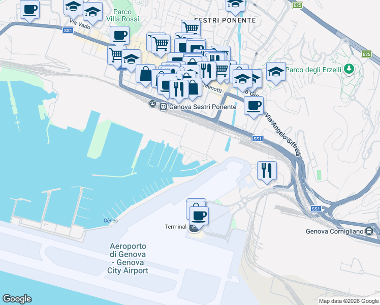map of restaurants, bars, coffee shops, grocery stores, and more near 35 Via Luigi Cibrario in Genova