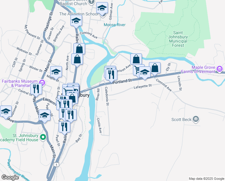 map of restaurants, bars, coffee shops, grocery stores, and more near 53 Caledonia Street in Saint Johnsbury
