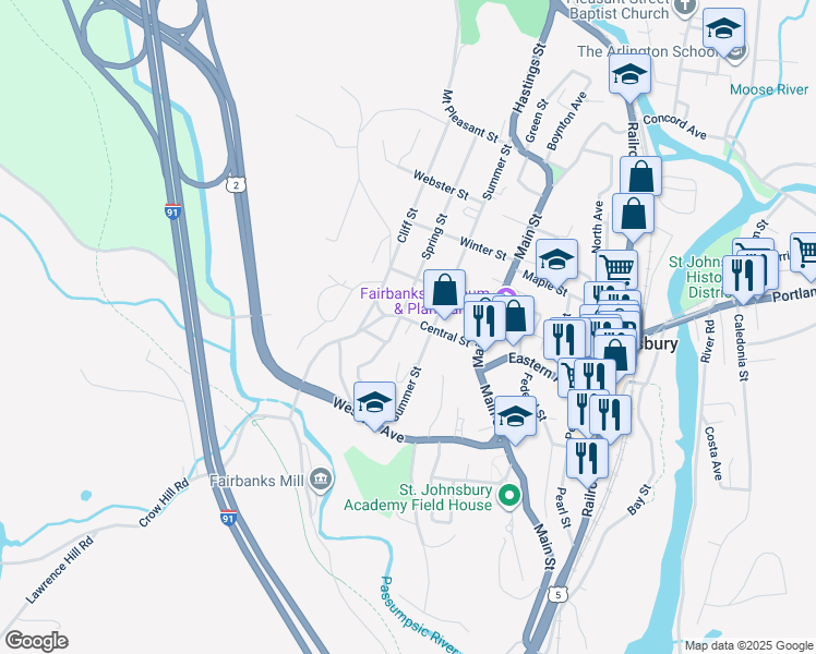 map of restaurants, bars, coffee shops, grocery stores, and more near 141 Central Street in Saint Johnsbury