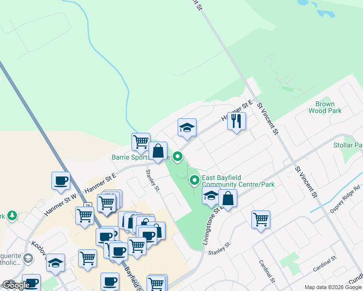 map of restaurants, bars, coffee shops, grocery stores, and more near 1 Palmer Drive in Barrie
