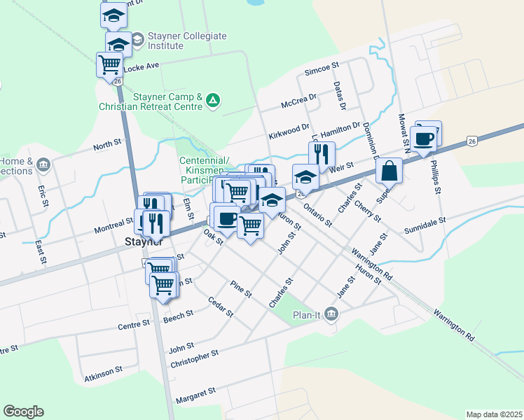 map of restaurants, bars, coffee shops, grocery stores, and more near 7271 Ontario 26 in Stayner