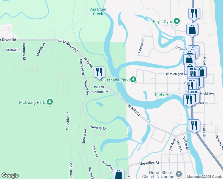 map of restaurants, bars, coffee shops, grocery stores, and more near 412 W Mill St in Au Sable Charter Township