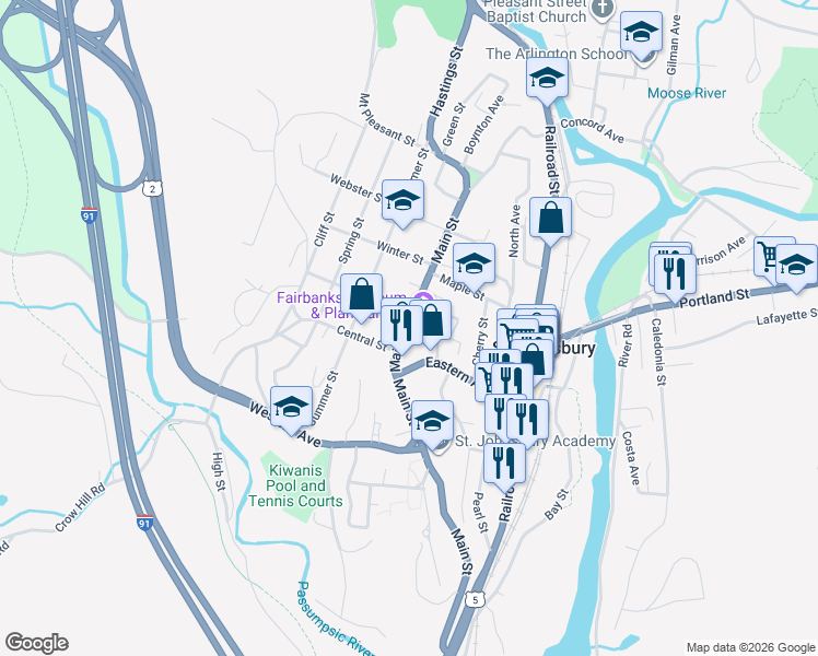 map of restaurants, bars, coffee shops, grocery stores, and more near 1249 Main Street in Saint Johnsbury