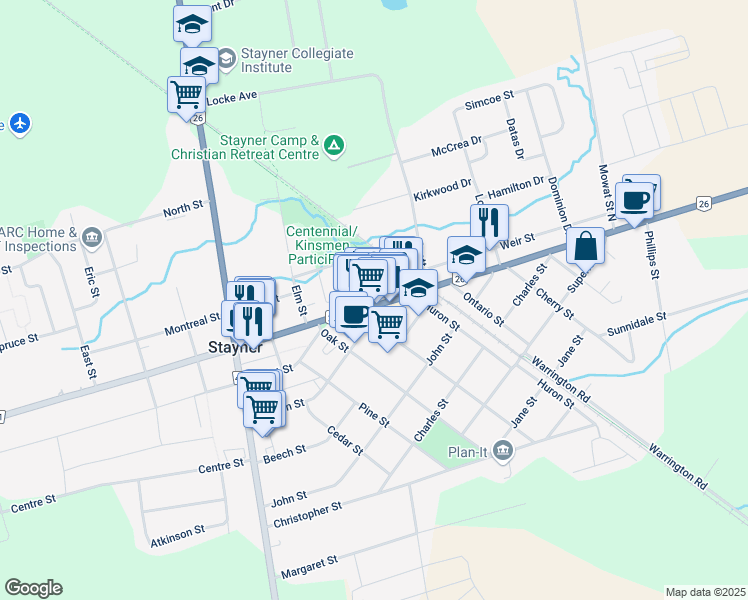 map of restaurants, bars, coffee shops, grocery stores, and more near 7292 Ontario 26 in Stayner