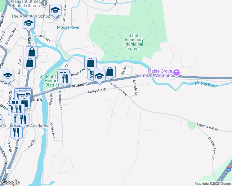 map of restaurants, bars, coffee shops, grocery stores, and more near 64 Mountain Avenue in Saint Johnsbury