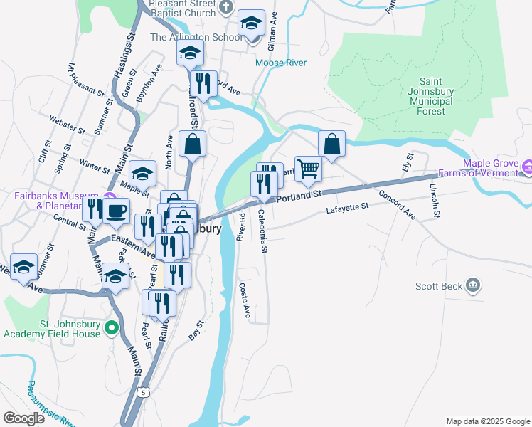 map of restaurants, bars, coffee shops, grocery stores, and more near 53 Caledonia Street in Saint Johnsbury