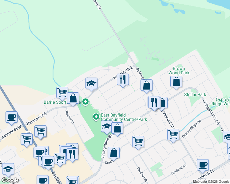 map of restaurants, bars, coffee shops, grocery stores, and more near 20 Masters Drive in Barrie