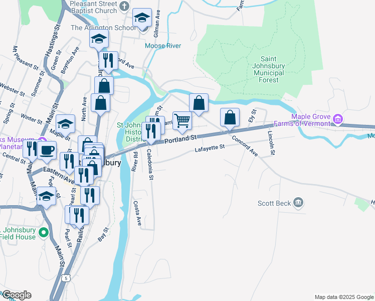 map of restaurants, bars, coffee shops, grocery stores, and more near 130 Lafayette Street in Saint Johnsbury