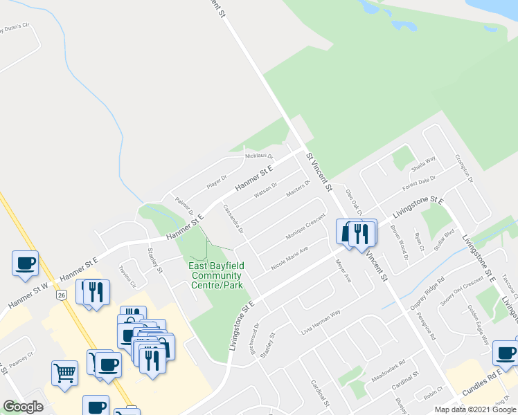 map of restaurants, bars, coffee shops, grocery stores, and more near 20 Masters Drive in Barrie