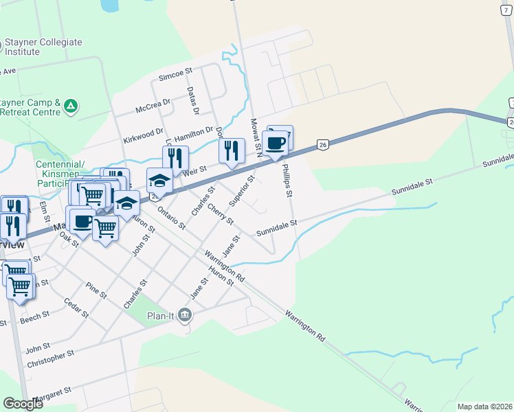 map of restaurants, bars, coffee shops, grocery stores, and more near 309 Thomas Street in Stayner