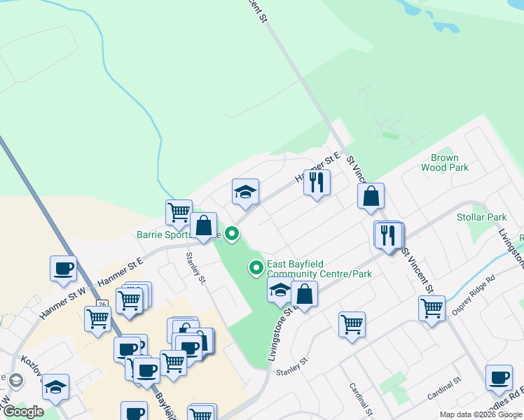 map of restaurants, bars, coffee shops, grocery stores, and more near 123 Hanmer Street East in Barrie