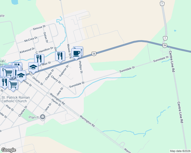 map of restaurants, bars, coffee shops, grocery stores, and more near 236 Sunnidale Street in Clearview