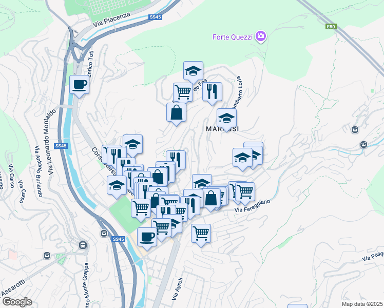 map of restaurants, bars, coffee shops, grocery stores, and more near Via Remigio Zena in Genova