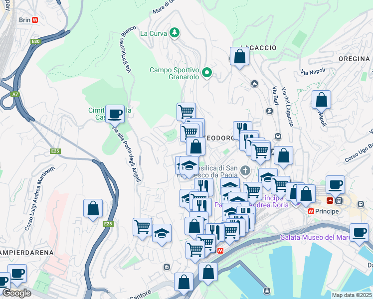 map of restaurants, bars, coffee shops, grocery stores, and more near 94 Via Bologna in Genova
