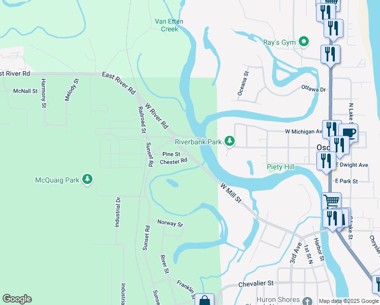 map of restaurants, bars, coffee shops, grocery stores, and more near 300-412 W Mill St in Au Sable Charter Township