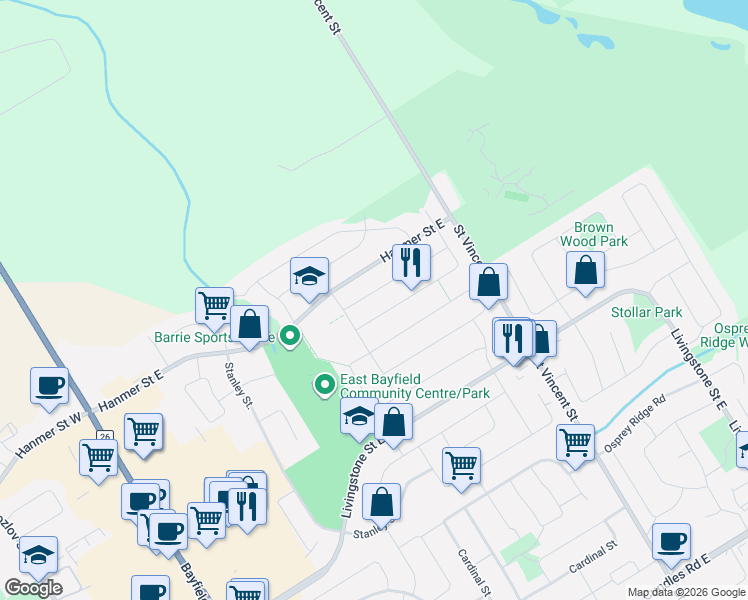 map of restaurants, bars, coffee shops, grocery stores, and more near 11 Watson Drive in Barrie