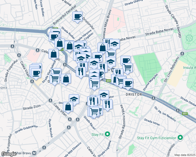map of restaurants, bars, coffee shops, grocery stores, and more near E81 in Bucharest