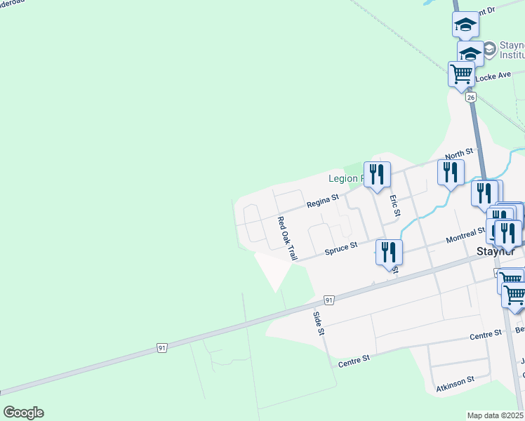 map of restaurants, bars, coffee shops, grocery stores, and more near 203 Roy Drive in Stayner