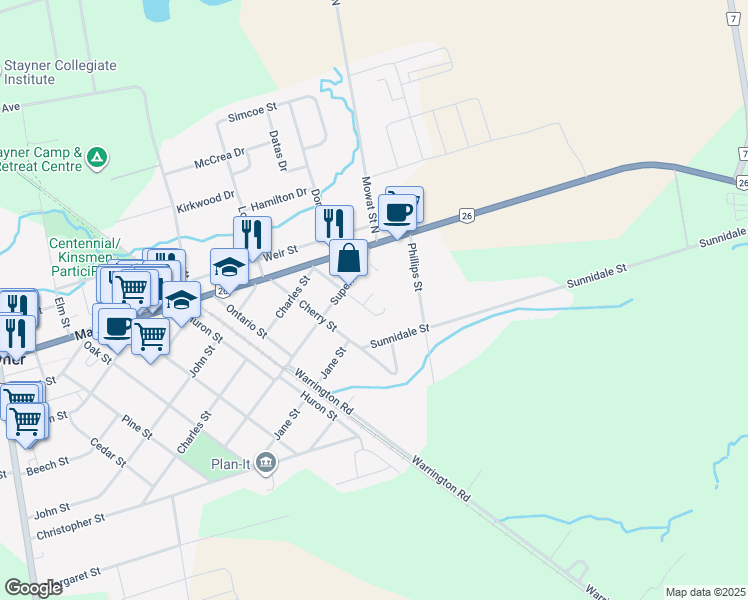 map of restaurants, bars, coffee shops, grocery stores, and more near 409 Thomas Street in Clearview