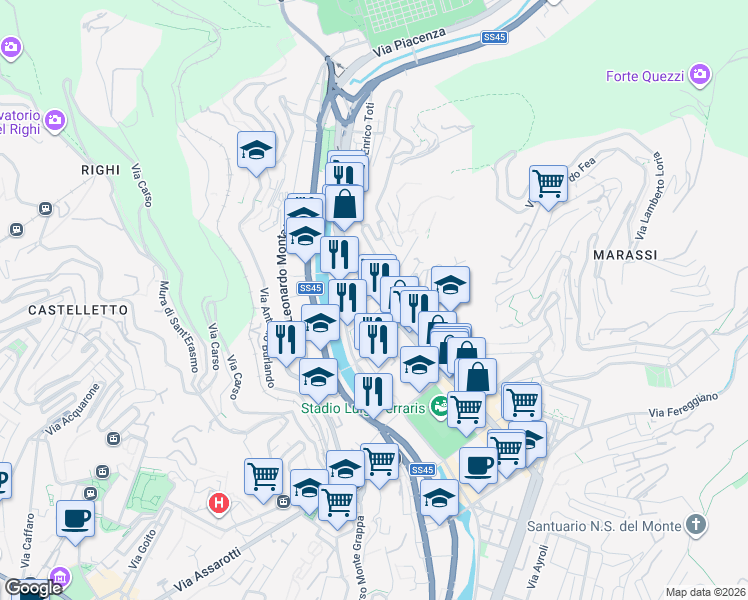map of restaurants, bars, coffee shops, grocery stores, and more near 4 Via Francesco Montebruno in Genoa