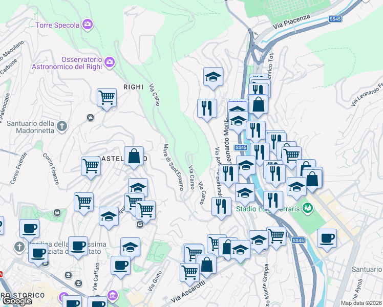 map of restaurants, bars, coffee shops, grocery stores, and more near 33 Via San Pantaleo in Genova