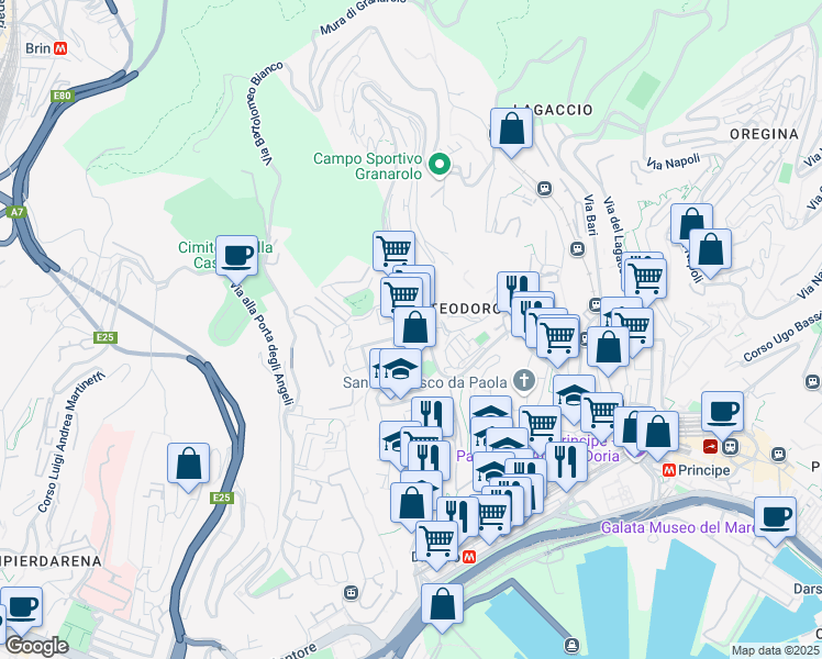 map of restaurants, bars, coffee shops, grocery stores, and more near 54 Via Bologna in Genova