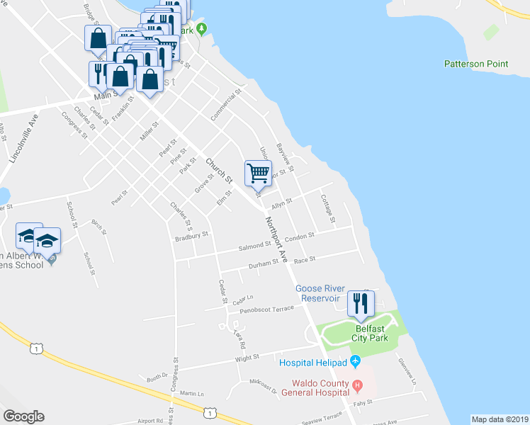 map of restaurants, bars, coffee shops, grocery stores, and more near 1 High St in Belfast