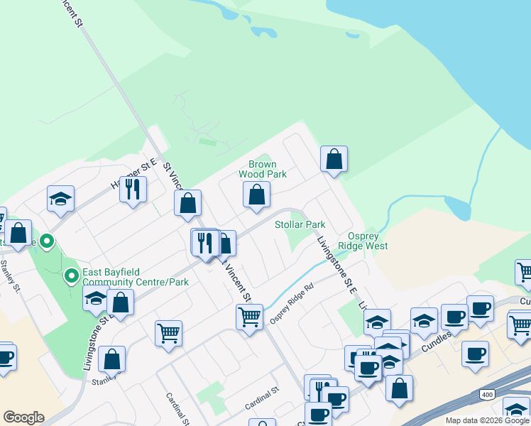 map of restaurants, bars, coffee shops, grocery stores, and more near 220 Livingstone Street East in Barrie