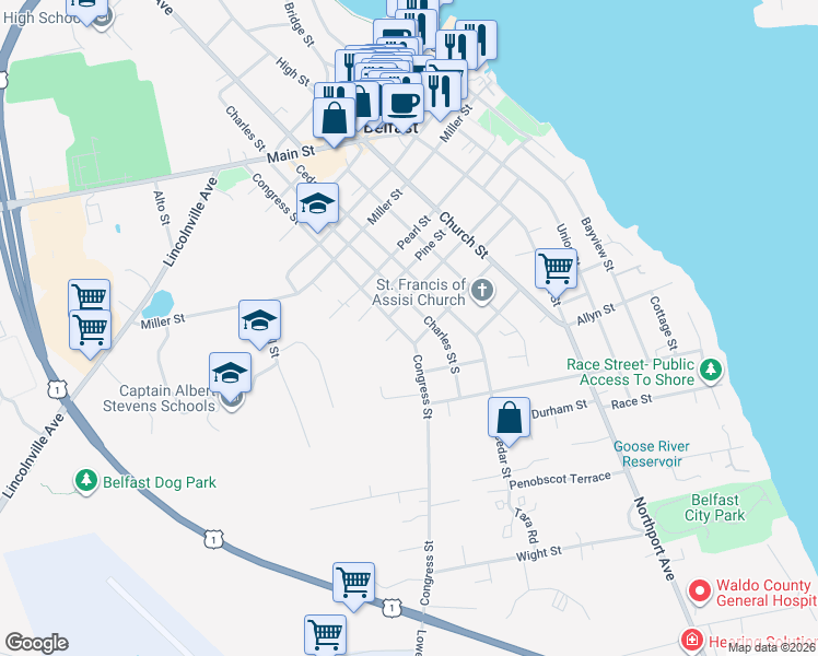 map of restaurants, bars, coffee shops, grocery stores, and more near 71 Park Street in Belfast
