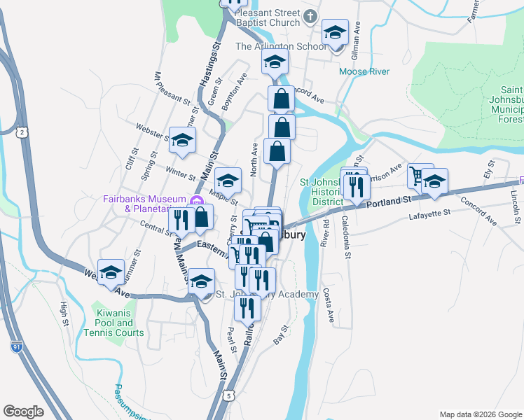 map of restaurants, bars, coffee shops, grocery stores, and more near 22 Maple Street in Saint Johnsbury