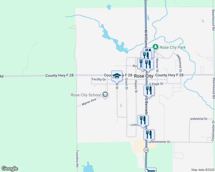 map of restaurants, bars, coffee shops, grocery stores, and more near Don Street in Rose City