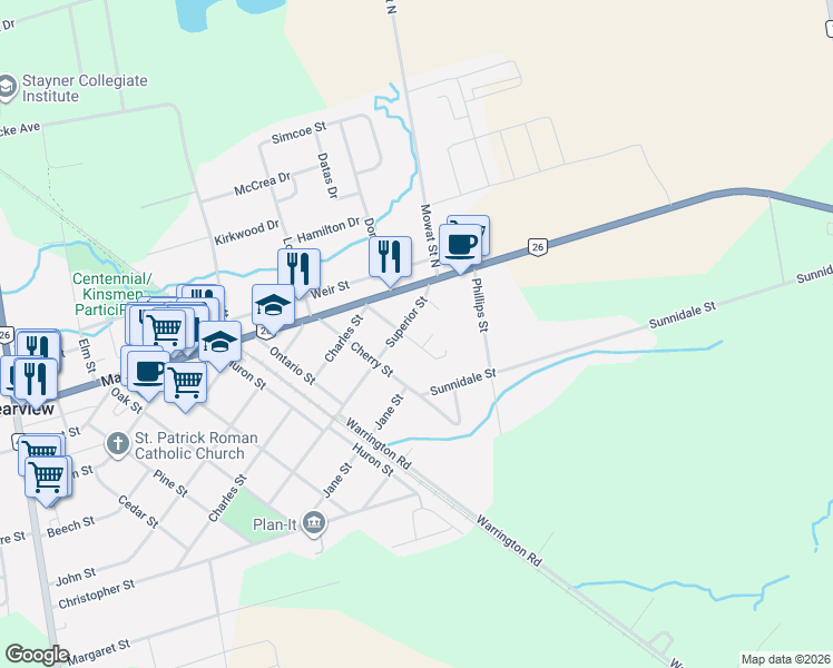map of restaurants, bars, coffee shops, grocery stores, and more near 208 Thomas Street in Clearview