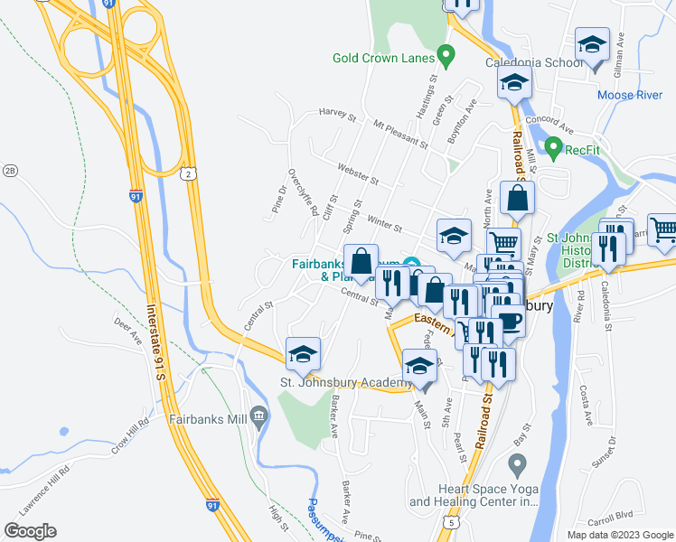 map of restaurants, bars, coffee shops, grocery stores, and more near 187 Church Street in Saint Johnsbury