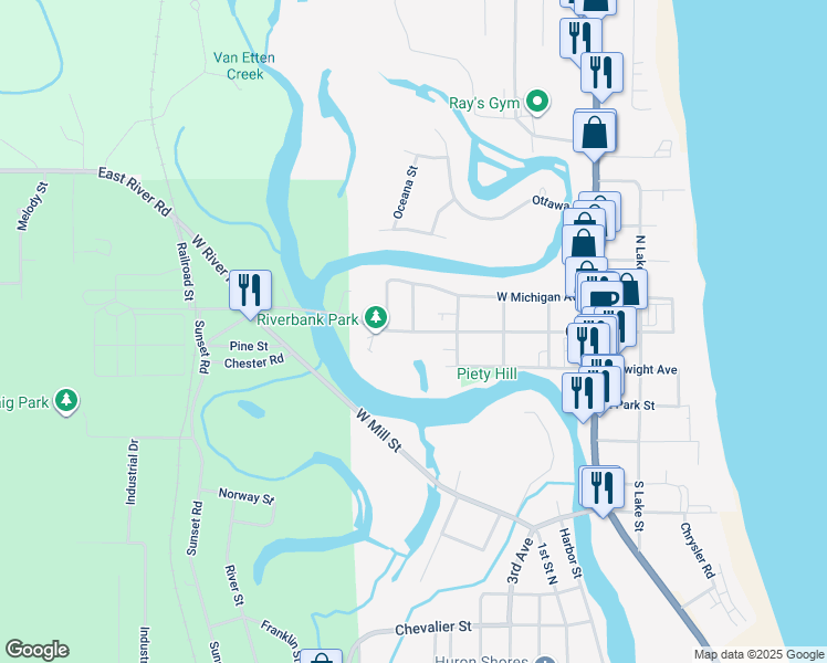 map of restaurants, bars, coffee shops, grocery stores, and more near 100 North Morton Street in Oscoda
