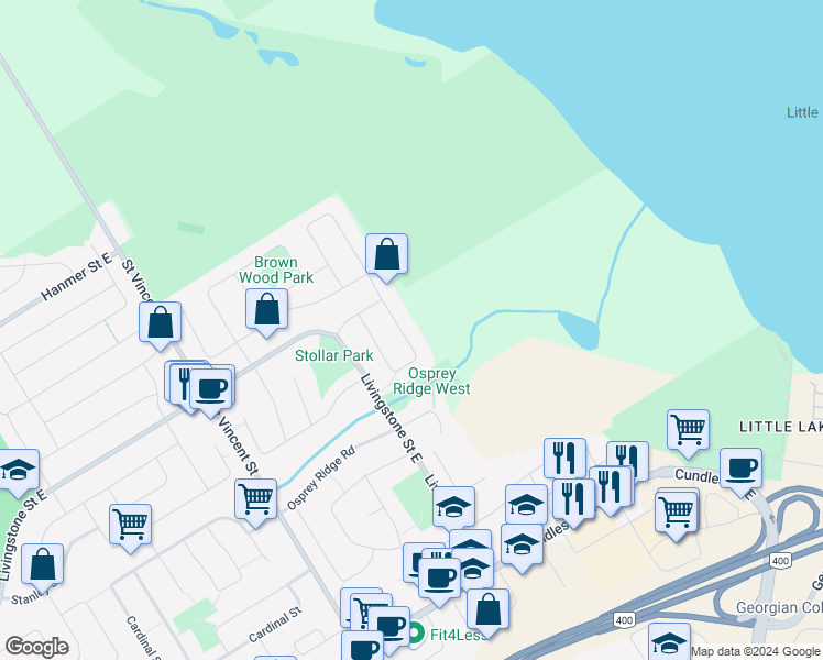 map of restaurants, bars, coffee shops, grocery stores, and more near 106 Crompton Drive in Barrie
