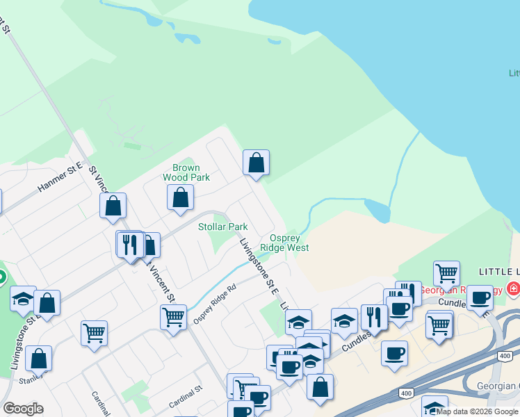 map of restaurants, bars, coffee shops, grocery stores, and more near 98 Crompton Drive in Barrie