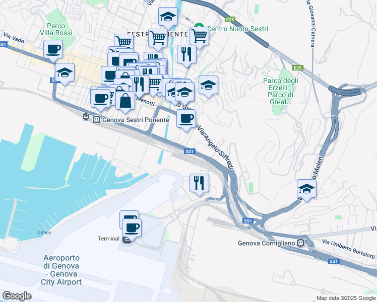 map of restaurants, bars, coffee shops, grocery stores, and more near 21 Via Albareto in Genova