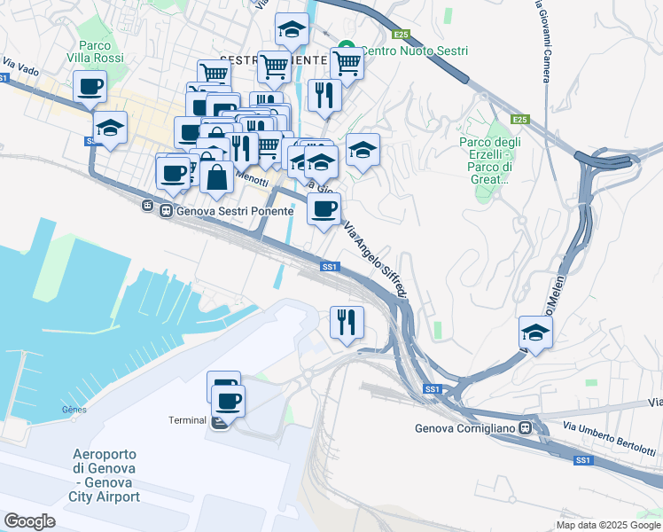 map of restaurants, bars, coffee shops, grocery stores, and more near 21 Via Enrico Albareto in Genova