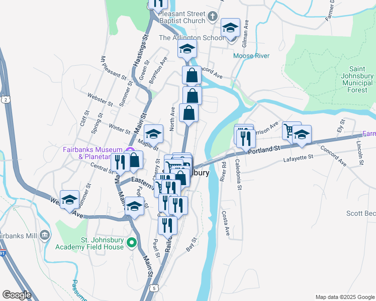 map of restaurants, bars, coffee shops, grocery stores, and more near 590 U.S. 5 in Saint Johnsbury